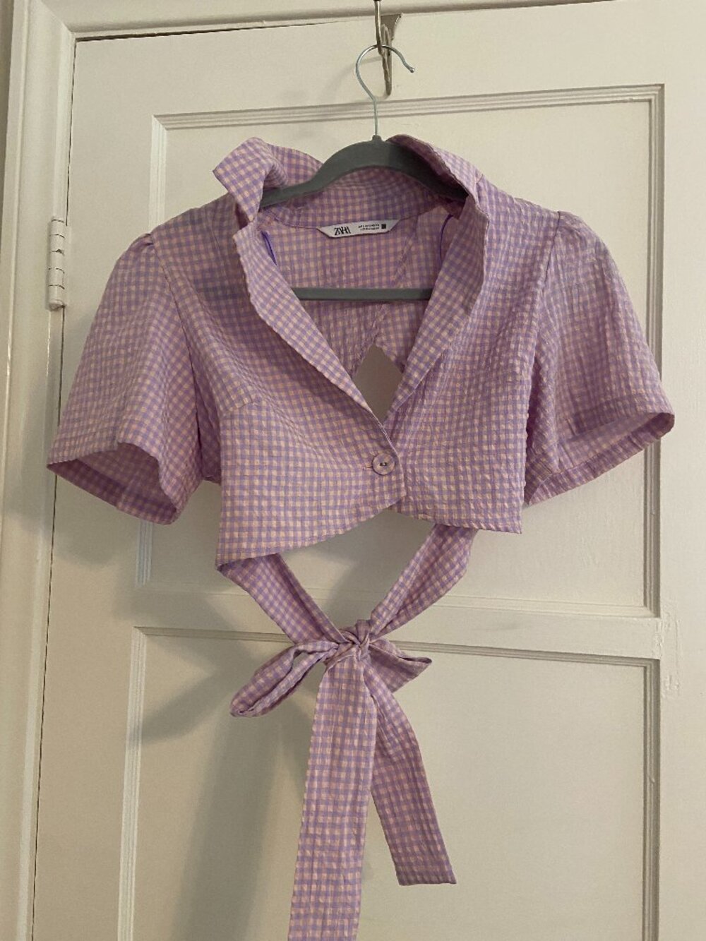 Zara Lavender Gingham Open-Back Tie Crop Top (S)